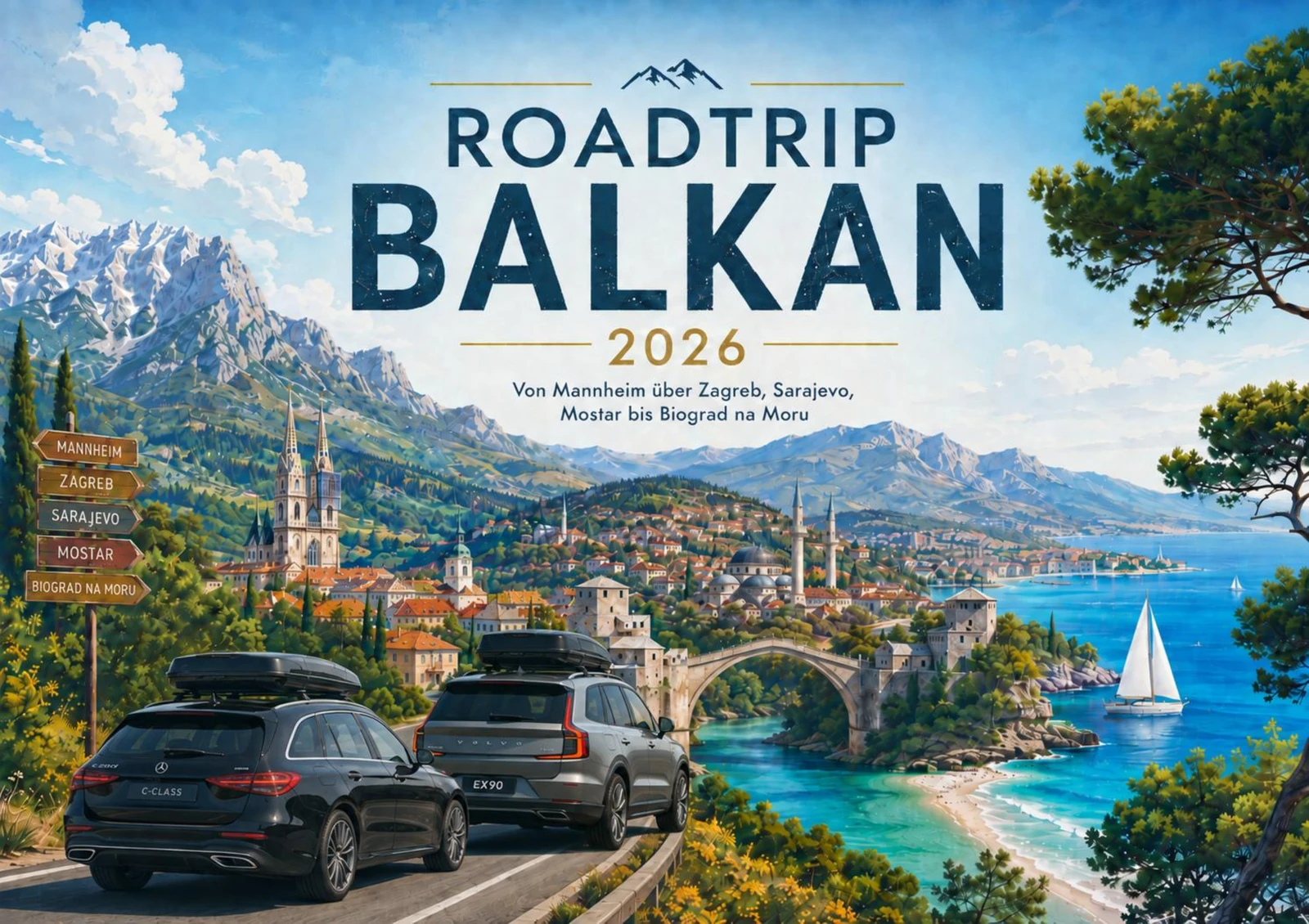 Cover des finalen Roadbooks Balkan 2026 mit Alpen, Städten und den beiden Reisefahrzeugen
