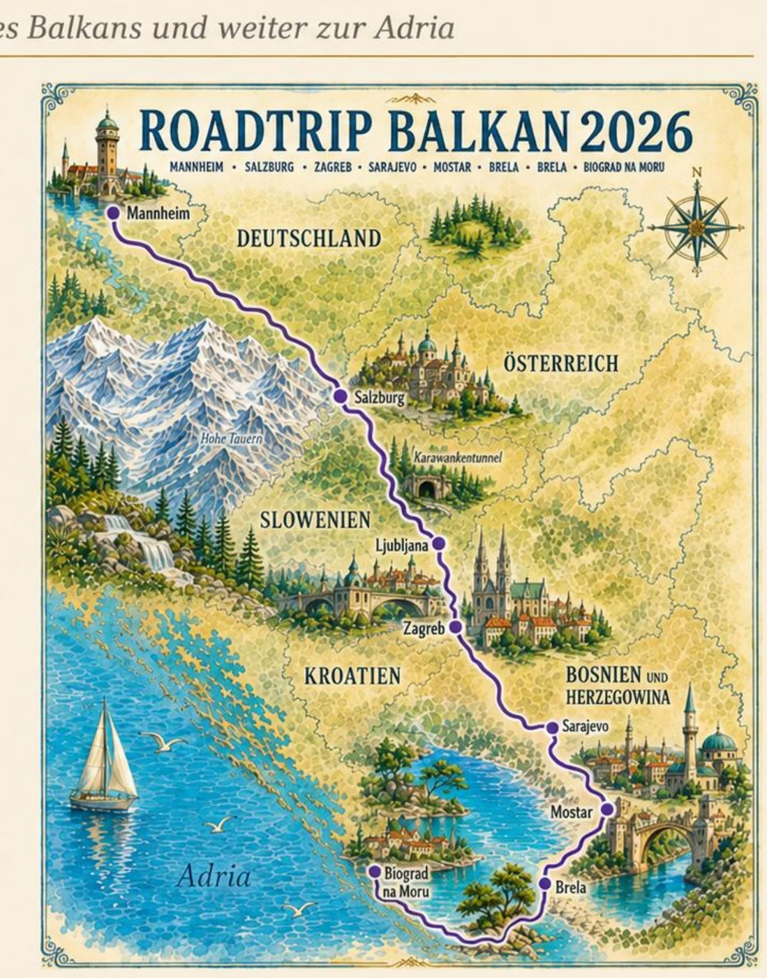 Illustrierte Gesamtkarte des Roadtrips von Mannheim bis Biograd na Moru
